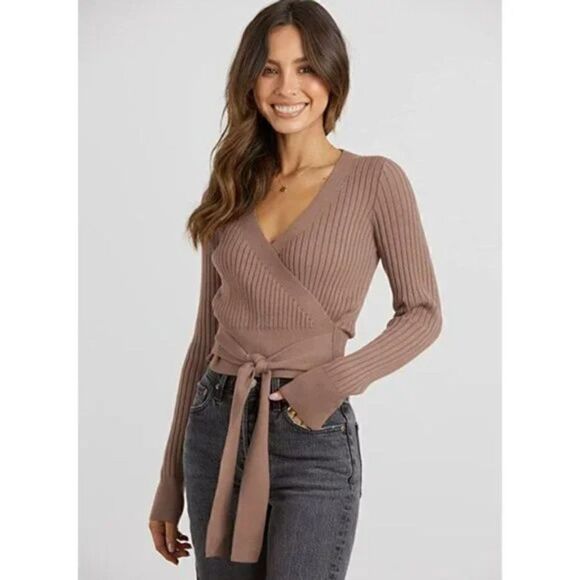 Khaki Ribbed Knit Tie Front V-Neck Long Sleeve Bodycon Belted Sweater Top Blouse - Picture 4 of 8